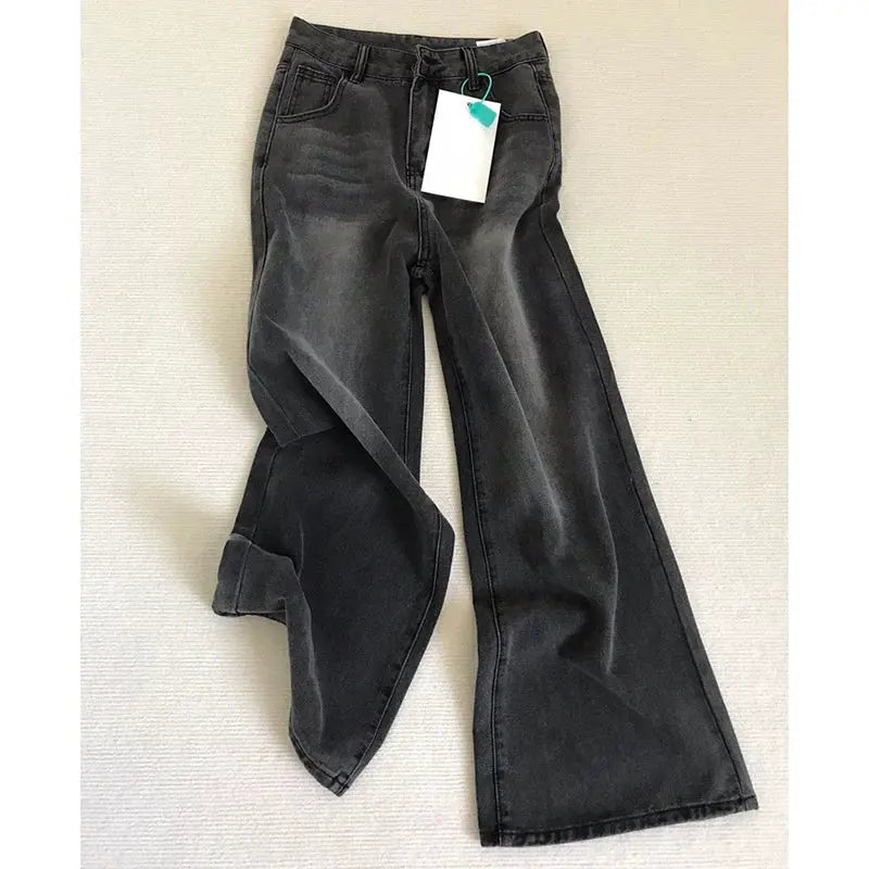 Lady Retro High Waist Black Gray Denim Jeans For Women Straight Leg