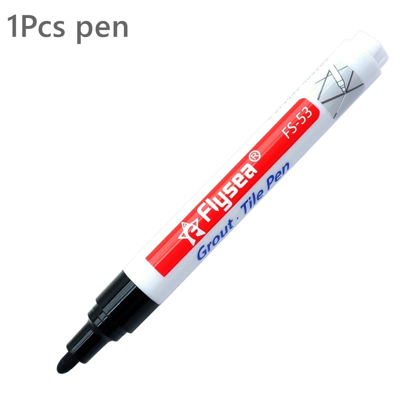 Grout pen tile marker, waterproof for grout lines; white body with red label and black tip.