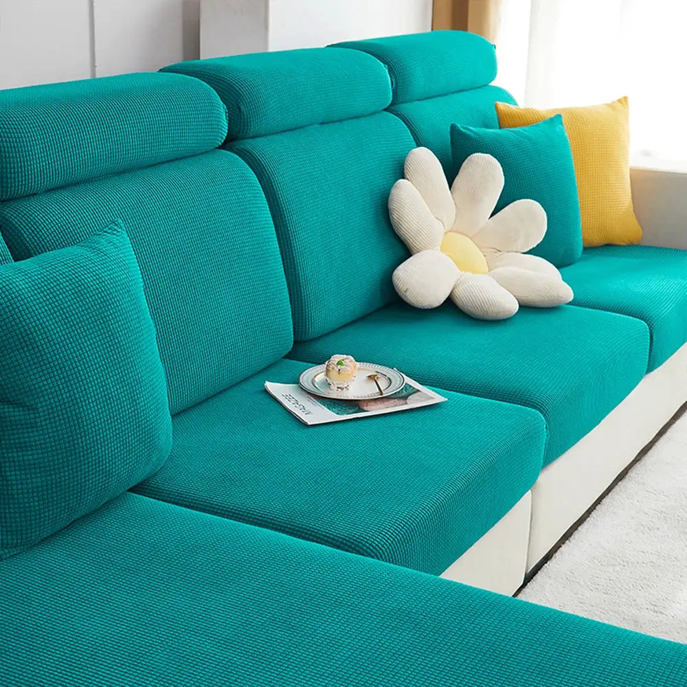 Jacquard polar fleece sofa covers in turquoise for a sectional chaise, removable couch protector