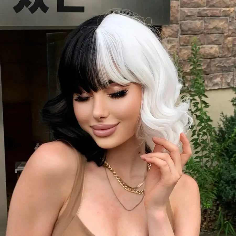 Simples Market Cruella two-tone black and white wig, mid-length waves with bangs