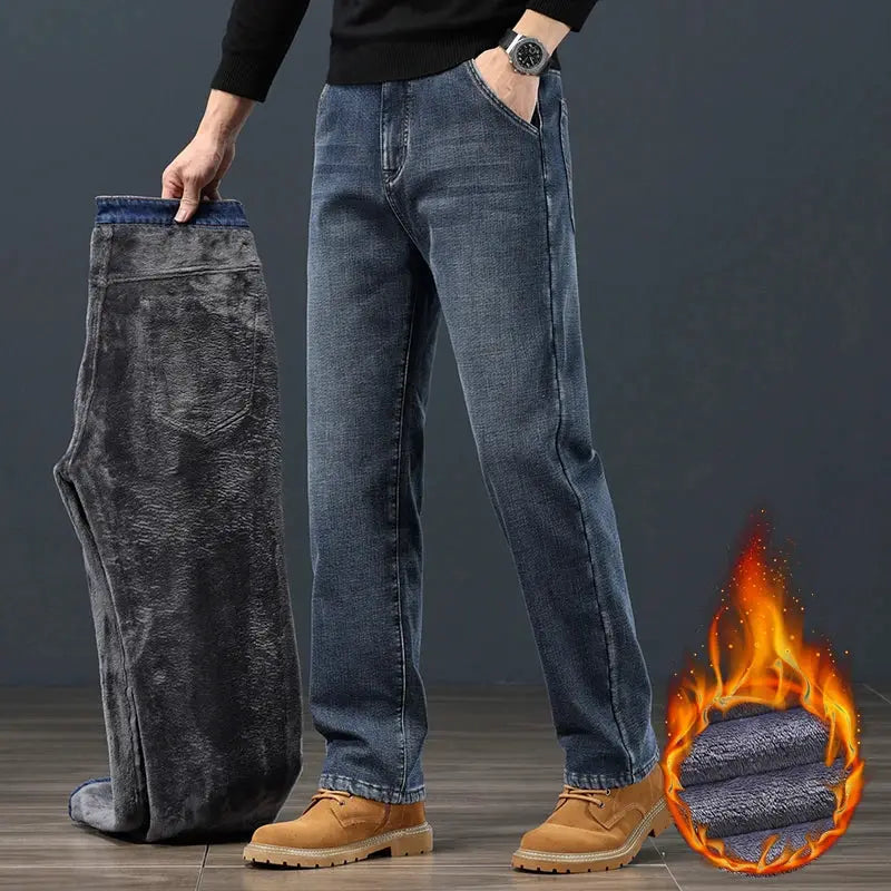 Winter Fleece Men Jeans Loose Straight Fit Warm Denim Pants 42 44