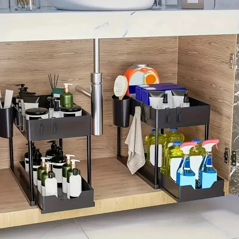 Two Tier Kitchen Sink Organizer Sliding Cabinet Basket With Hooks Hanging Cup Space Saving Rack For Kitchen And Bathroom