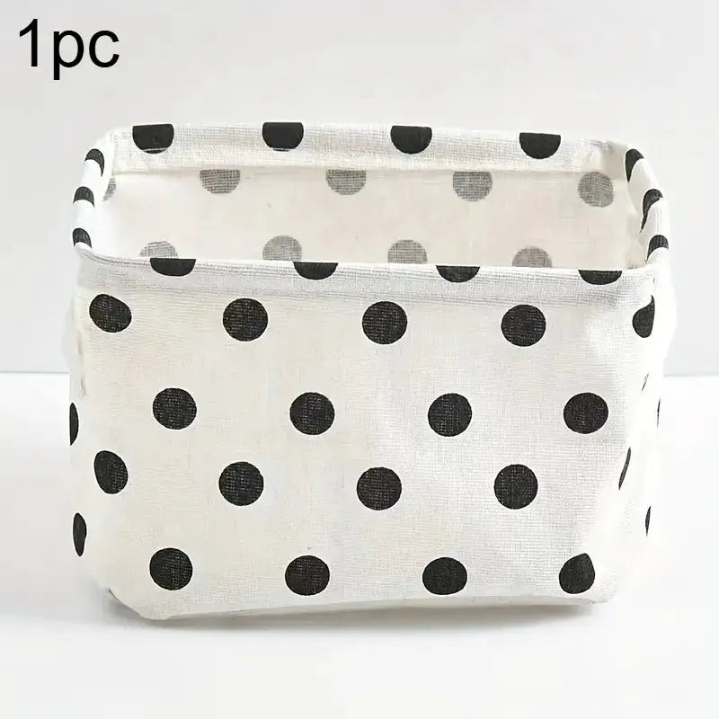 1pc foldable canvas storage basket with handle, white cotton–linen fabric with black polka dots, desktop storage box