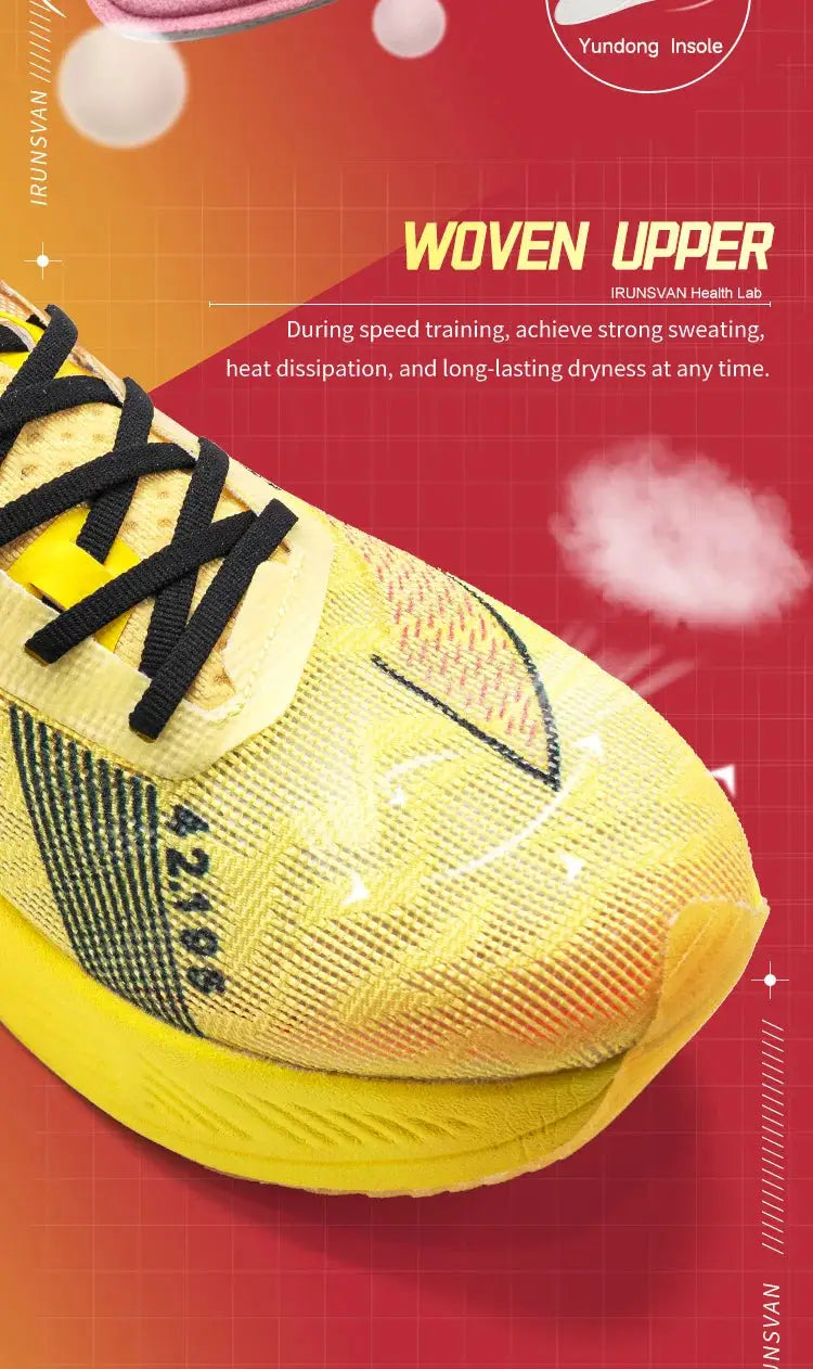 IRUNSVAN woven upper running shoe, neon yellow with black laces, lightweight outdoor trainer