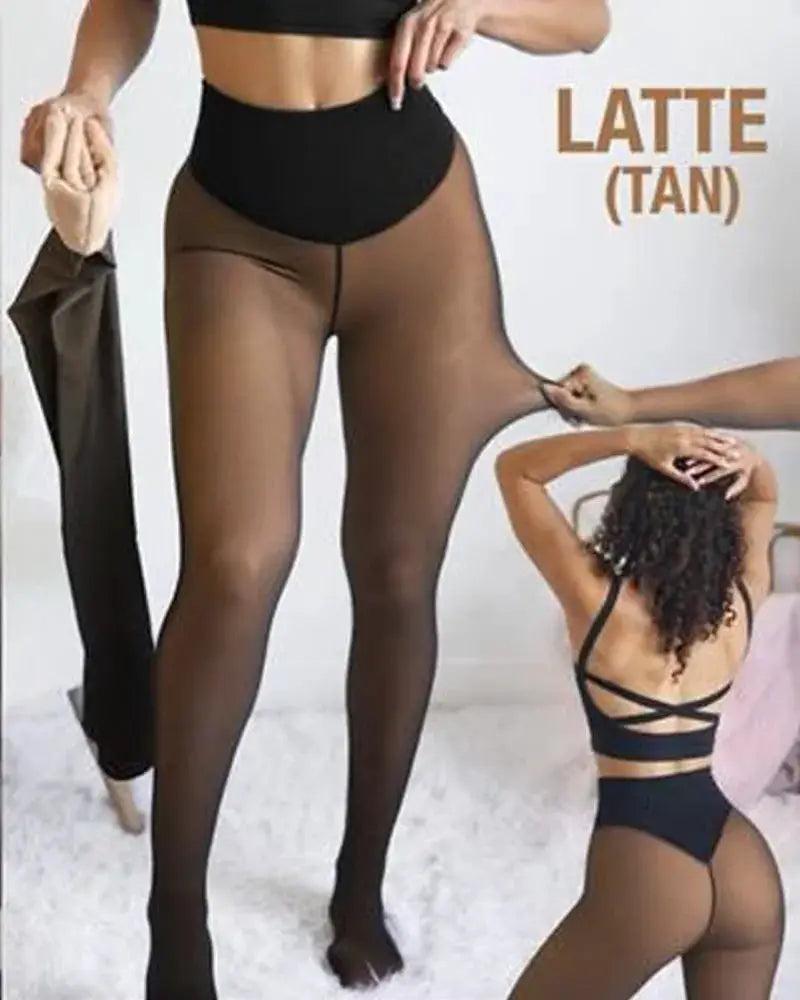 One seam fleece-lined tights with shaping control top, black sheer pantyhose for plus size
