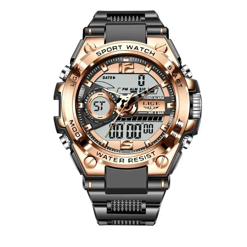 LIGE men's digital-analog sport watch with rose-gold bezel and steel band, 50m water resistant