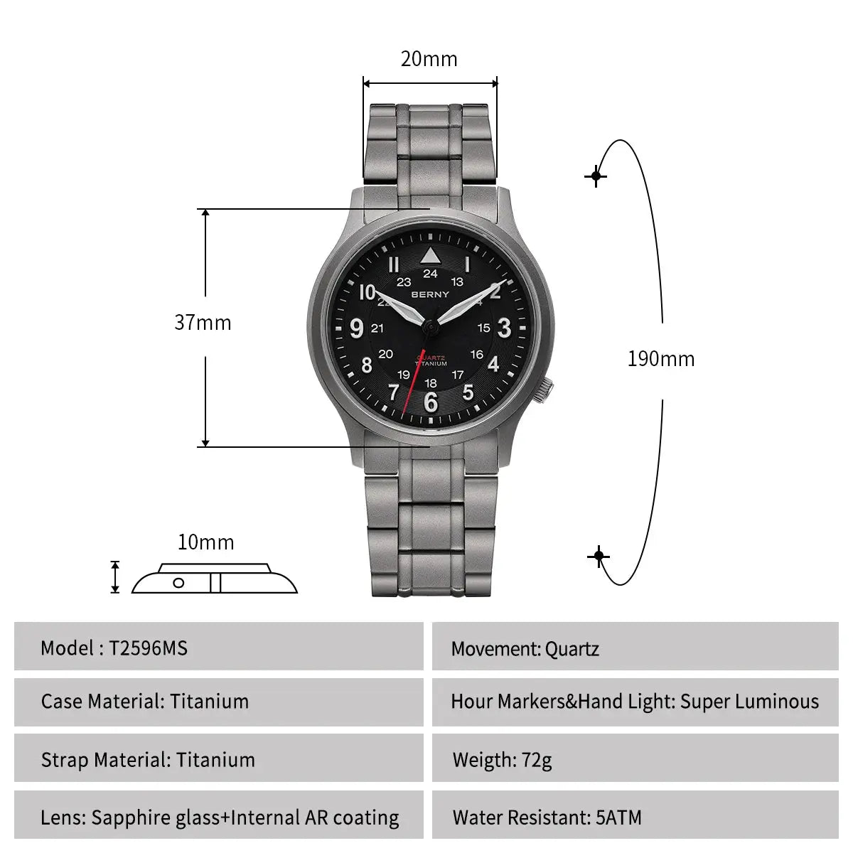 BERNY titanium men's field watch with quartz movement, black dial, luminous hands, sapphire crystal.