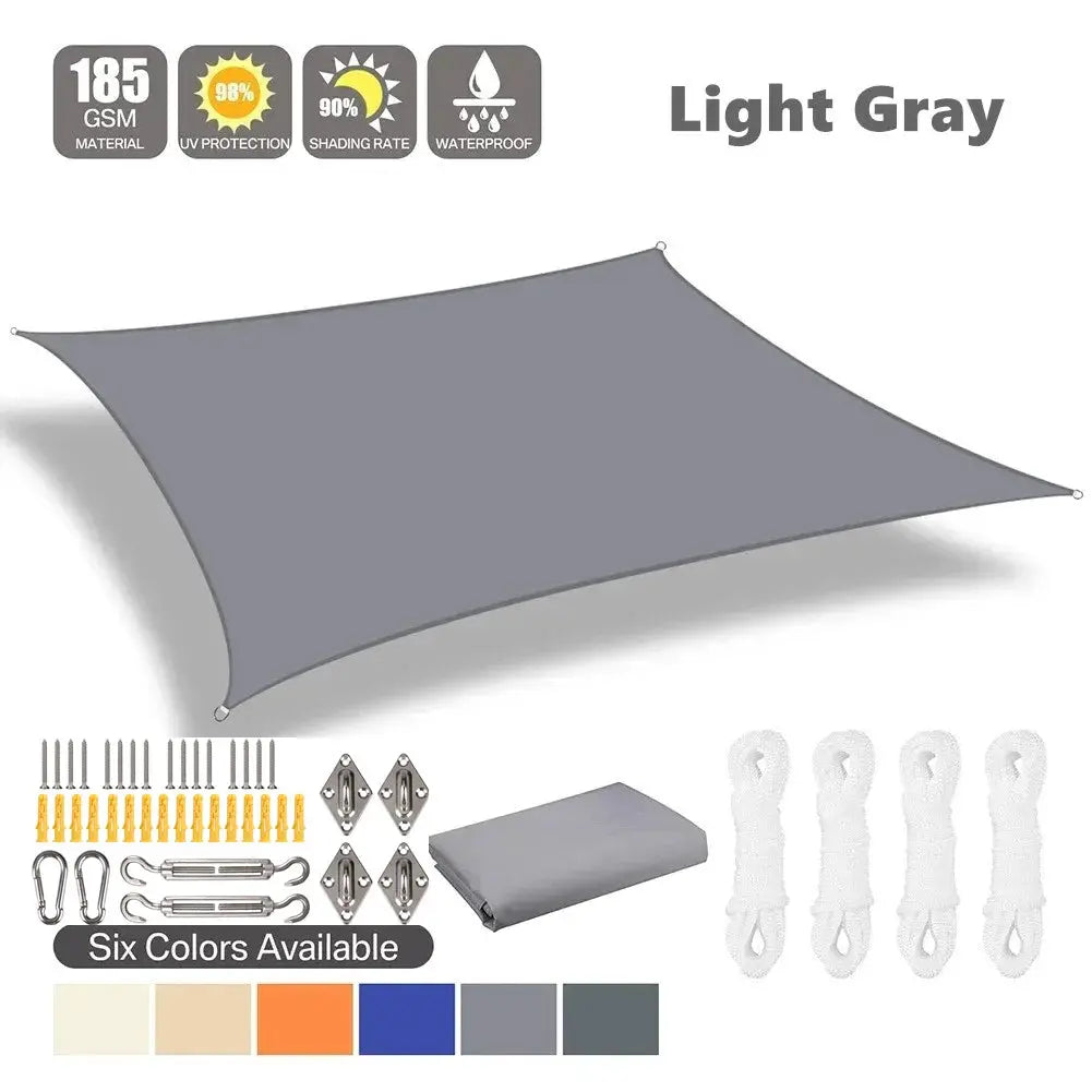 Simples Market sun shade sail, waterproof outdoor shade for patio, light gray, sizes 2x3–5x6 m, with mounting hardware and ropes.