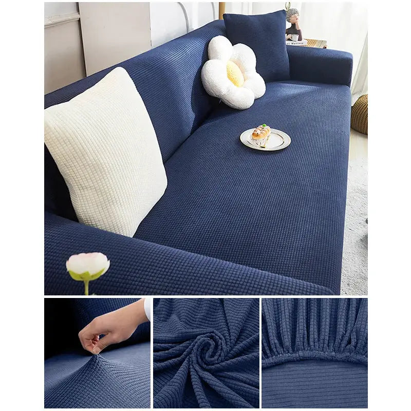 Elastic jacquard sofa cover for navy blue L-shaped sectional; stretch slipcover with elastic edge.