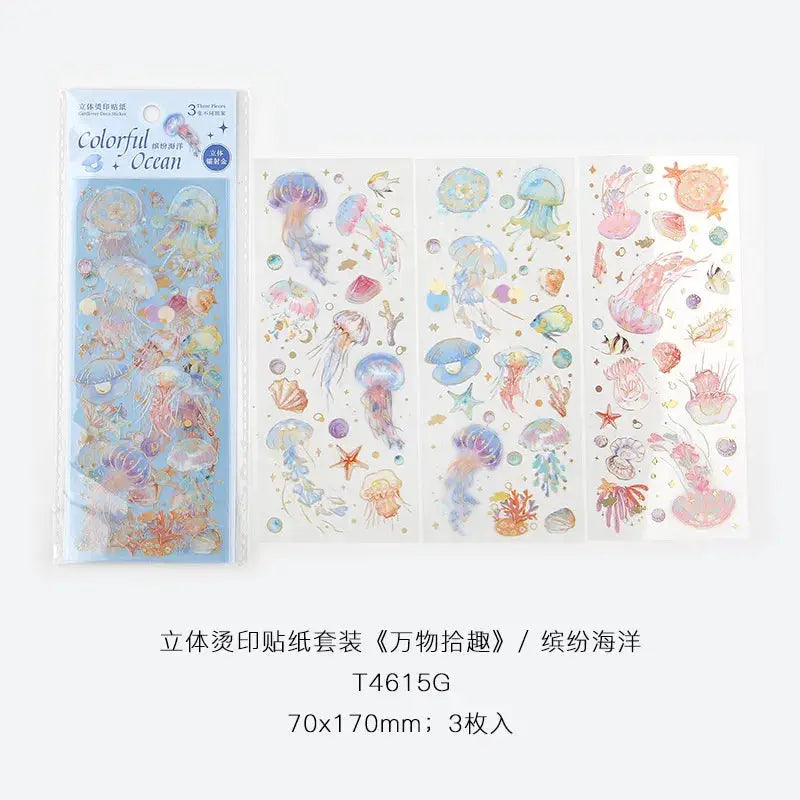 Three Piece Kawaii Feather Dragonfly Bird Jellyfish Decorative Sticker Pack for Scrapbooking Journals and Planners