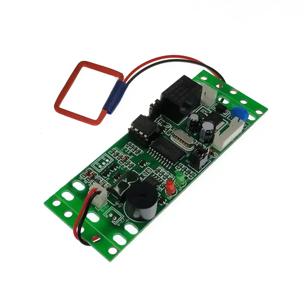 RFID door access control board with dual-sided reader on green PCB and red square antenna