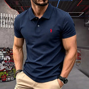 Navy polo shirt with short sleeves, 100% cotton, Simples Market, red pony embroidery.