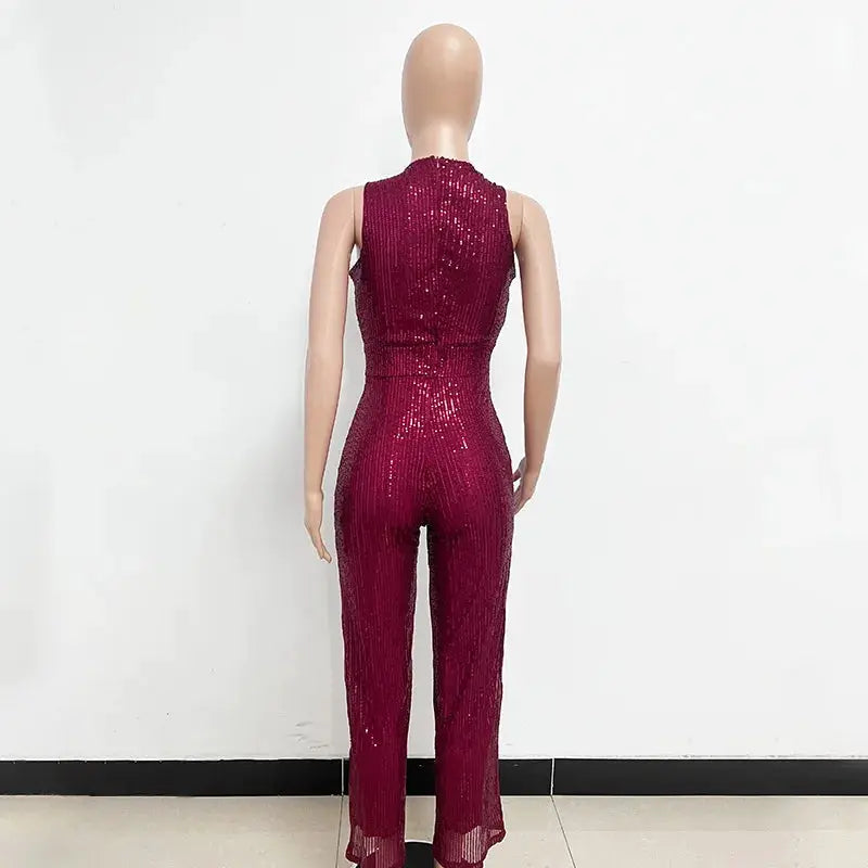 Sparkling sequins seamless jumpsuit for women, magenta, sleeveless high-waist, fitted glam look