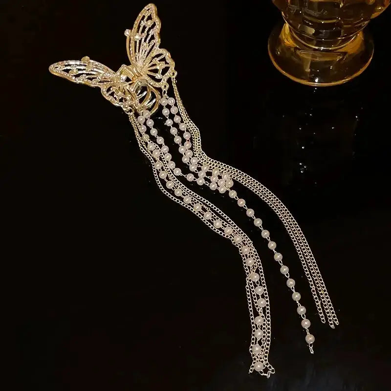 Butterfly Hair Clip With Long Tassel Elegant Imitation Pearl Rhinestone Hairpins For Women Jewelry