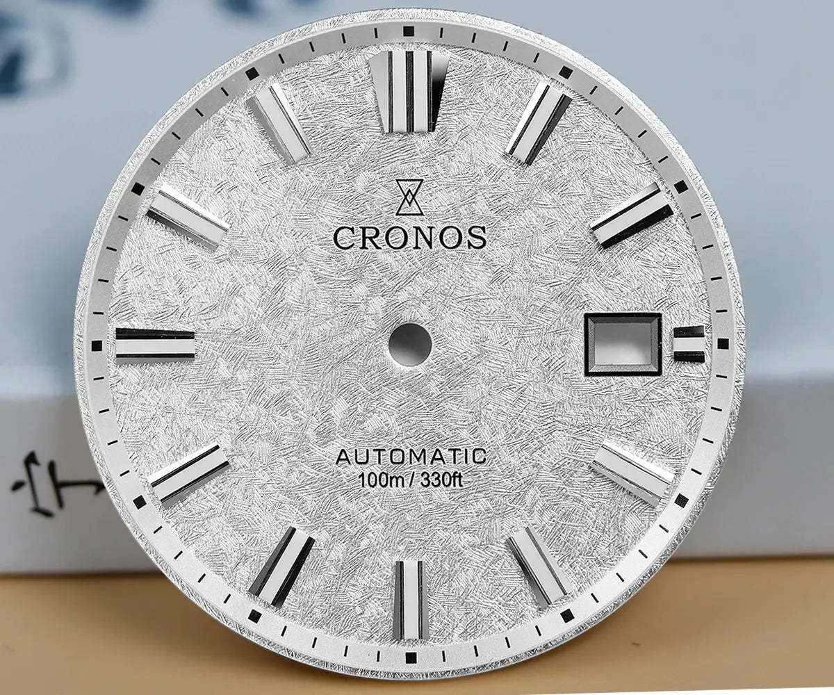 Cronos men's watch, white birch-pattern dial with silver markers, automatic movement, 39mm, 100m water resistant.