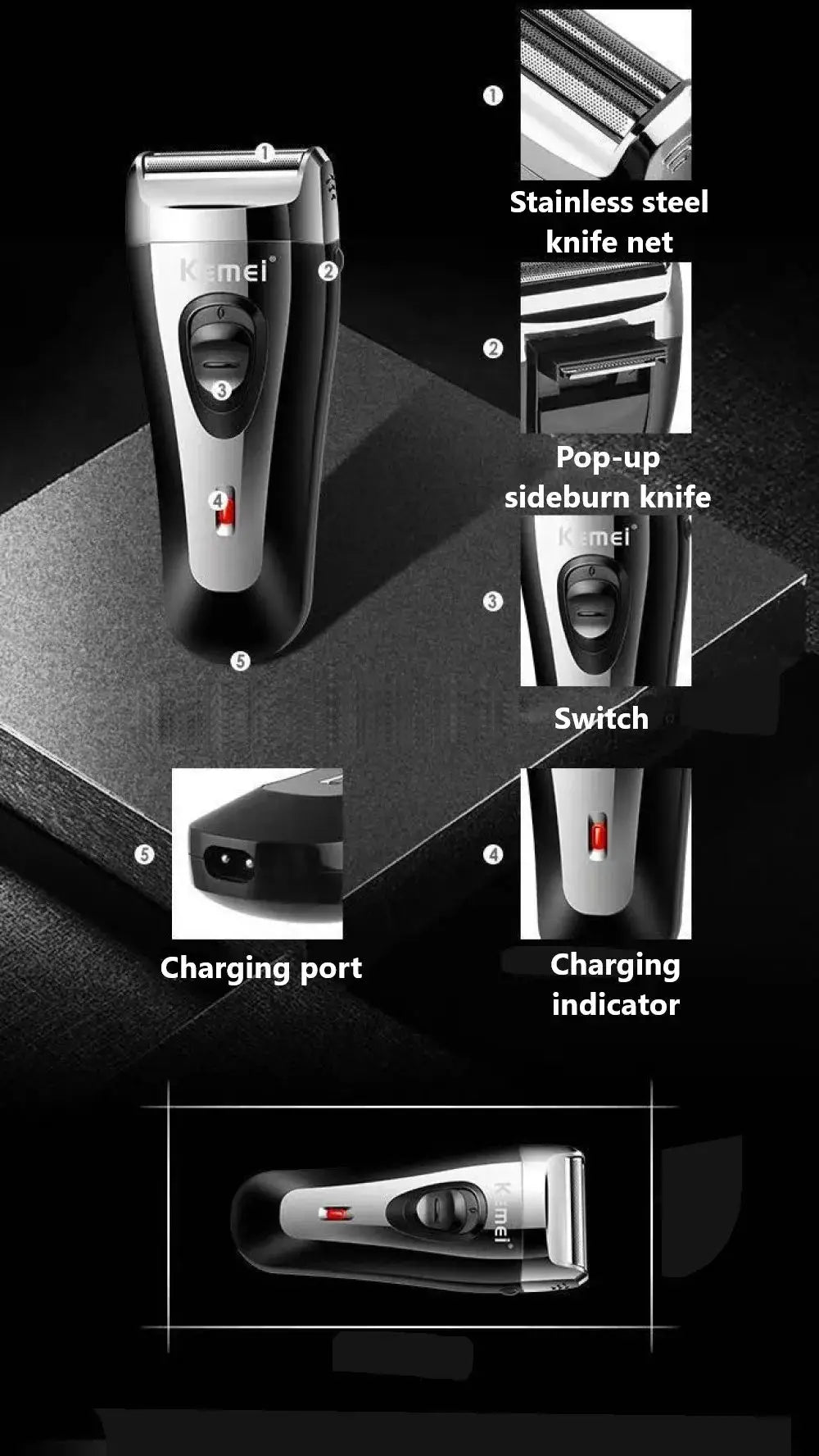 Kemei KM-9038 cordless men's foil shaver with stainless steel blade net and USB charging