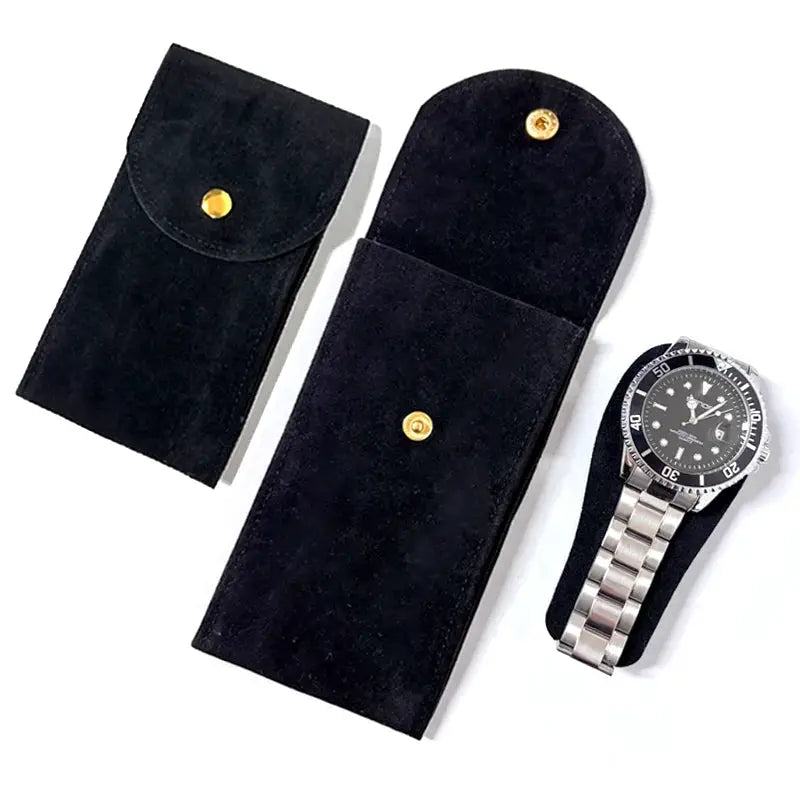 Simples Market Embers 3-piece watch bag set in black velvet flannelette with snap closures and a stainless steel watch
