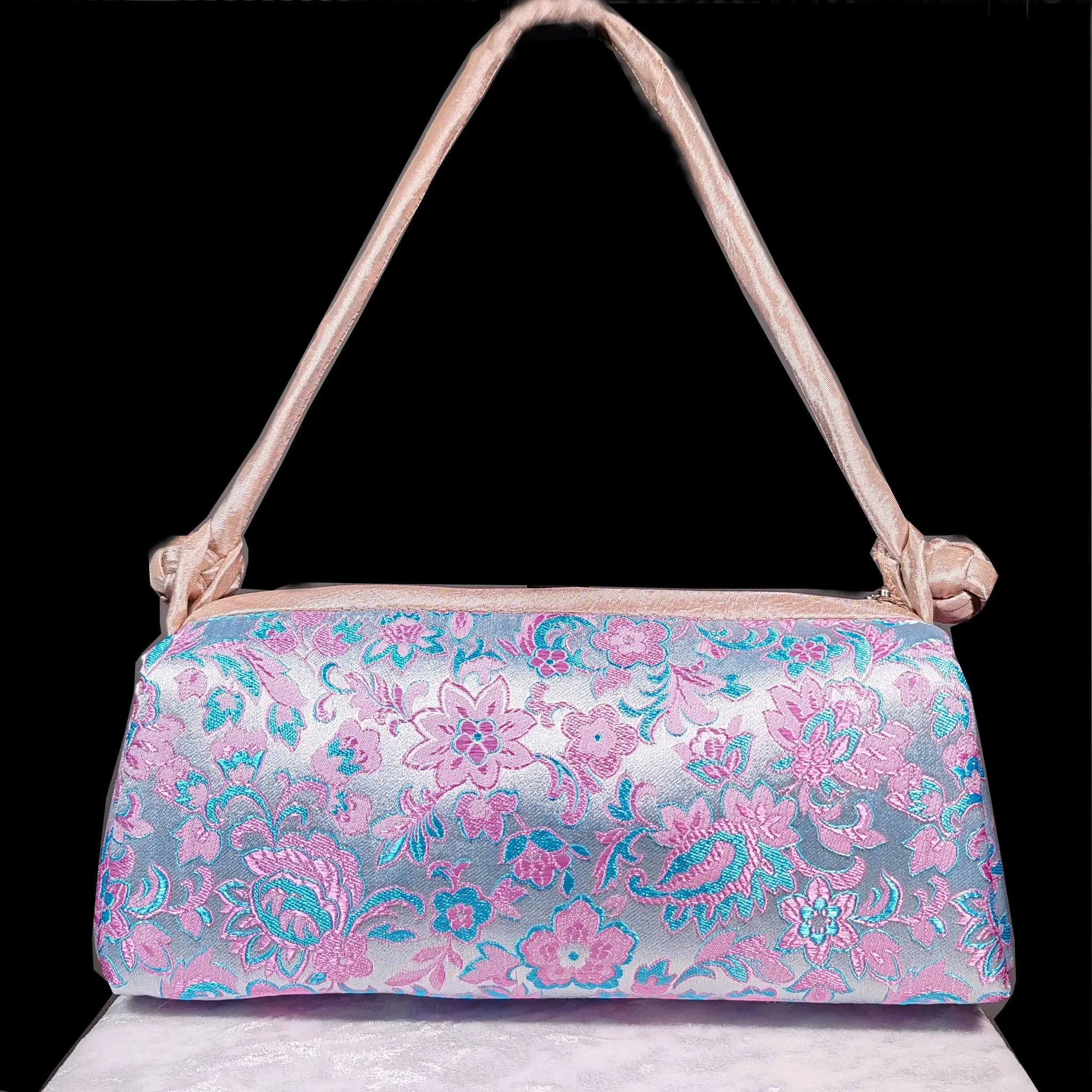 Simples Market silk-embroidered small shoulder bag with pink satin straps and pastel floral pattern