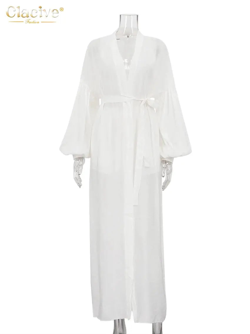 Clacive White 2 Piece Set Women Loose Long Sleeve Robe And Shorts