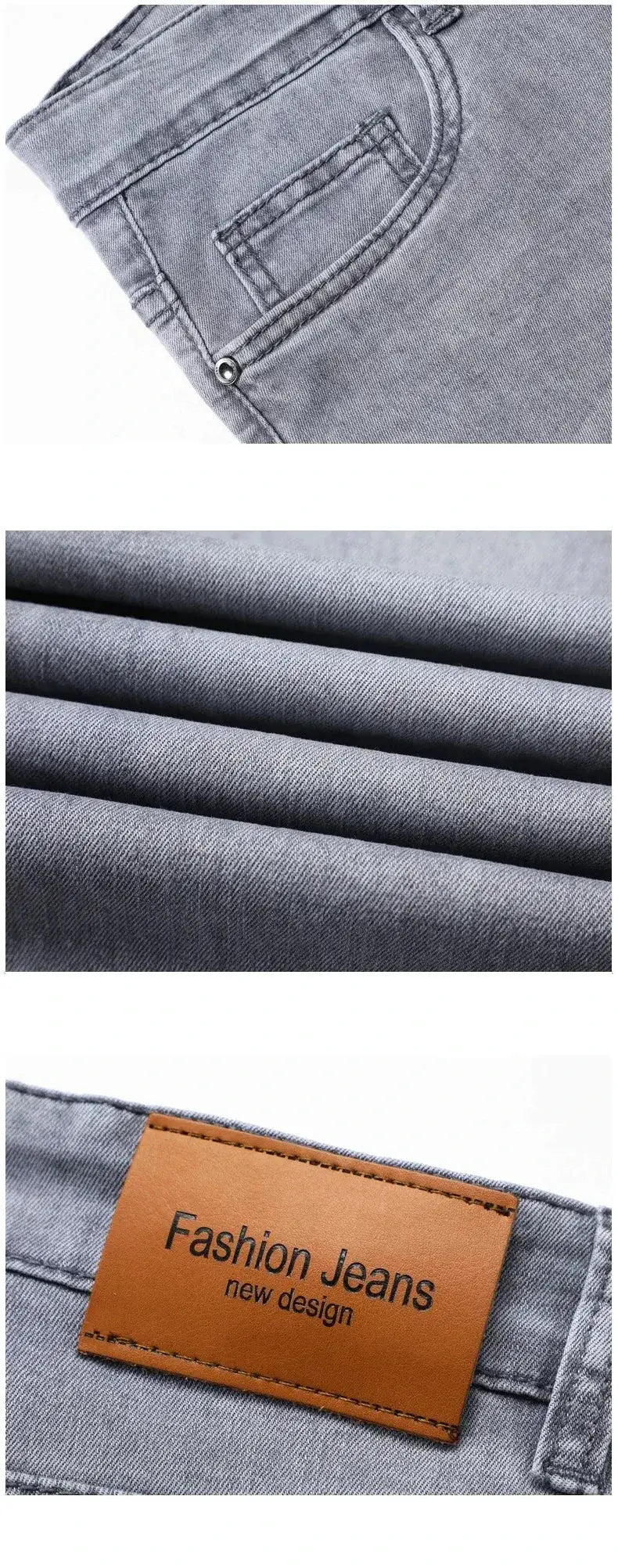 Men's gray denim jeans with elastic stretch, straight-fit cotton casual pants