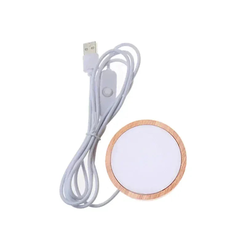 Simples Market round wooden LED night light base with USB cable, white center and natural wood rim