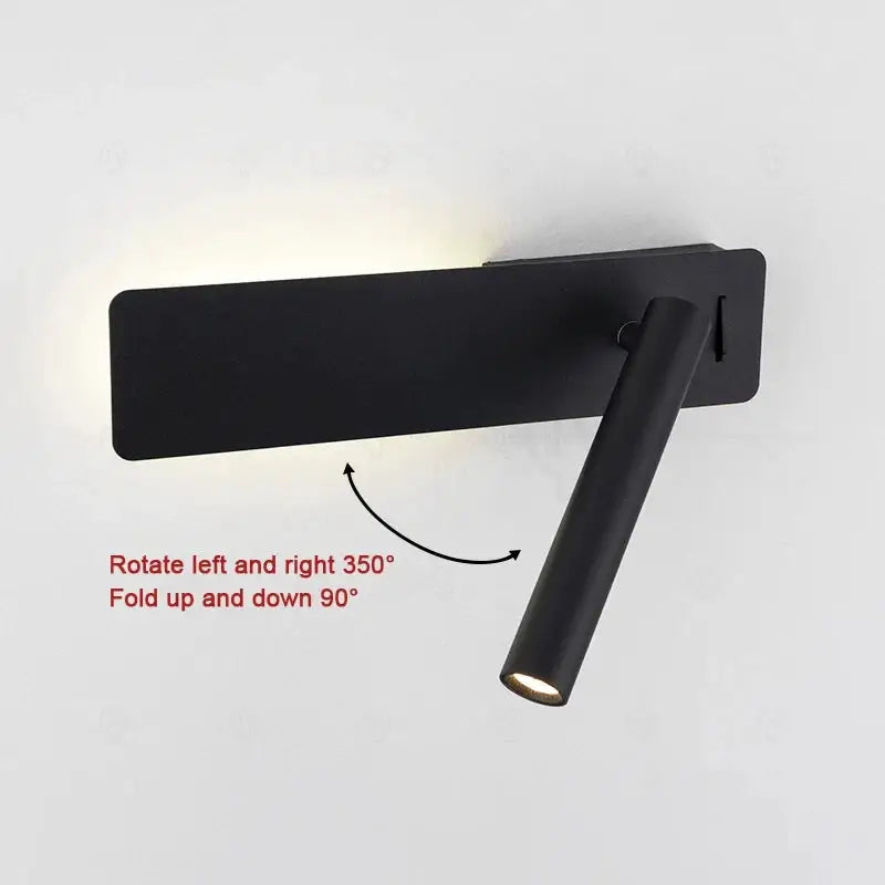 LED wall reading lamp in black, minimalist bedside sconce with 350° rotation and 90° fold, 3W.
