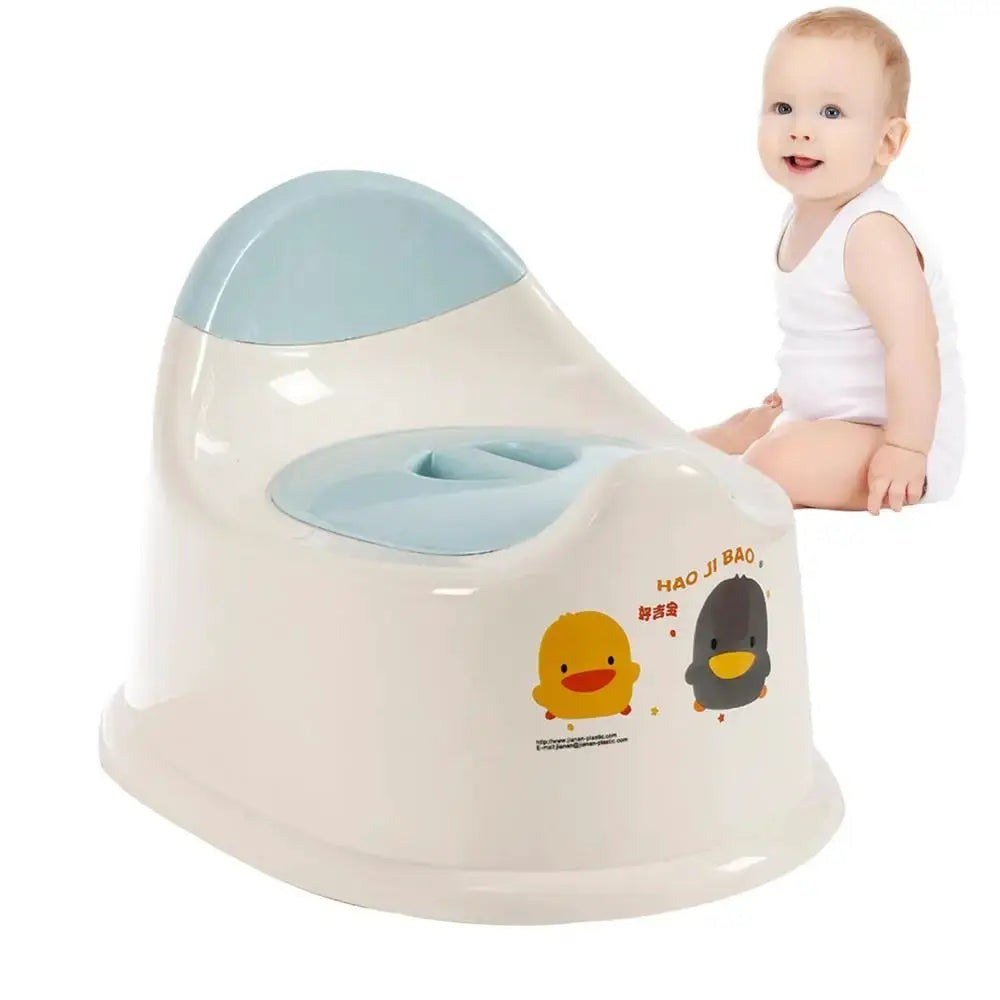 Toddler potty chair by Simples Market, cream with light-blue seat and back, duck decals