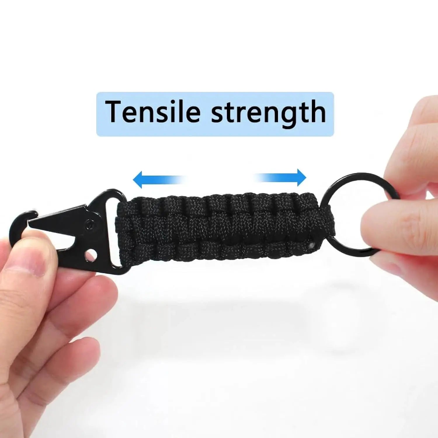 Paracord keychain with braided black rope, metal bottle opener and ring
