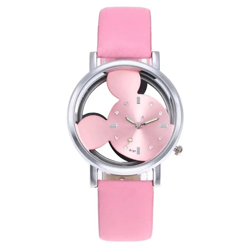 Kids' pink cartoon-style watch with pink strap and crystal markers by Simples Market