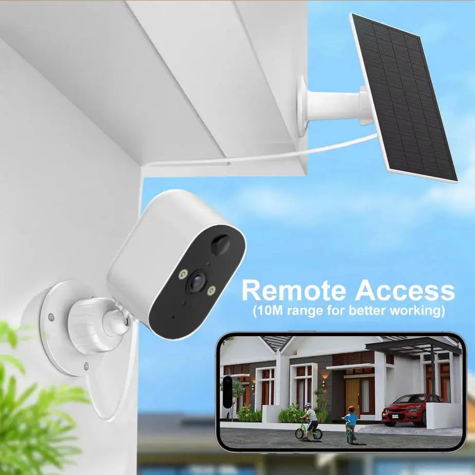XVIM 1080P solar security camera with white body and solar panel; wireless WiFi and remote smartphone access