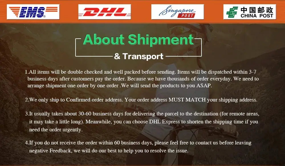 About Shipment & Transport banner with EMS, DHL, Singapore Post, and China Post logos over a mountainous background.