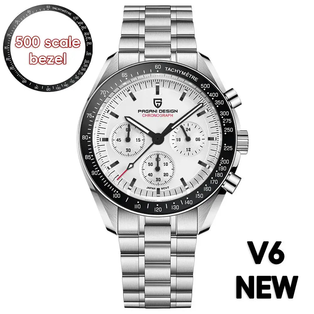 Pagani Design men's chronograph watch with stainless steel bracelet, white dial, black tachymeter bezel, three subdials.