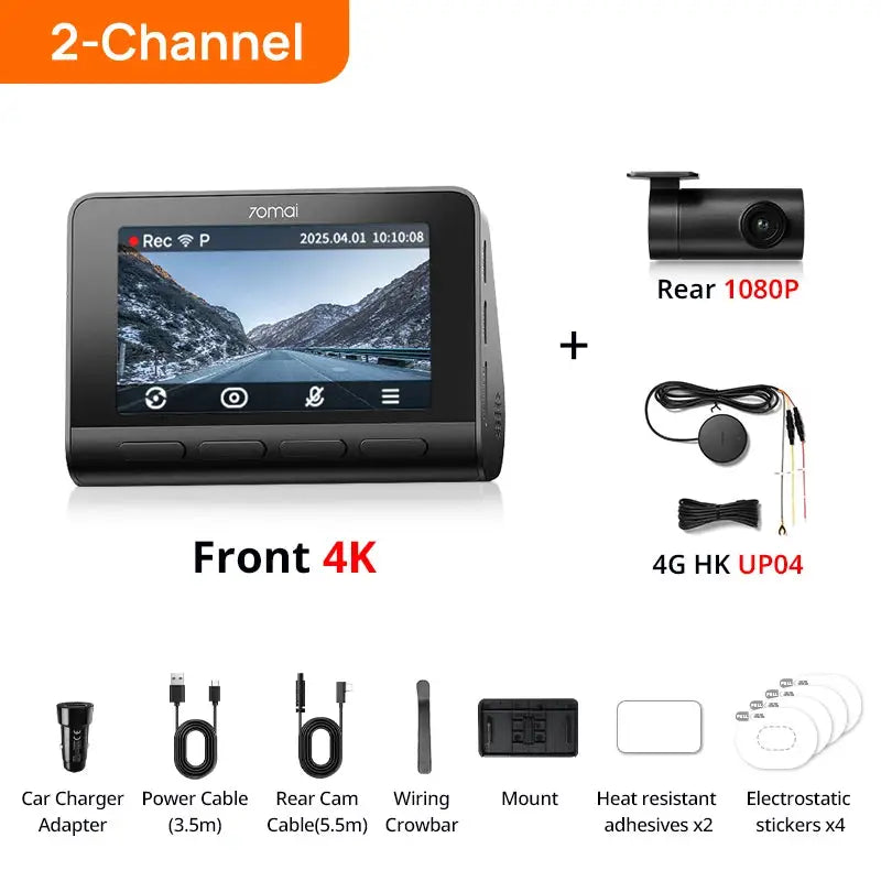70mai Dash Cam 4K A810S front camera with 1080P rear cam and complete accessory kit