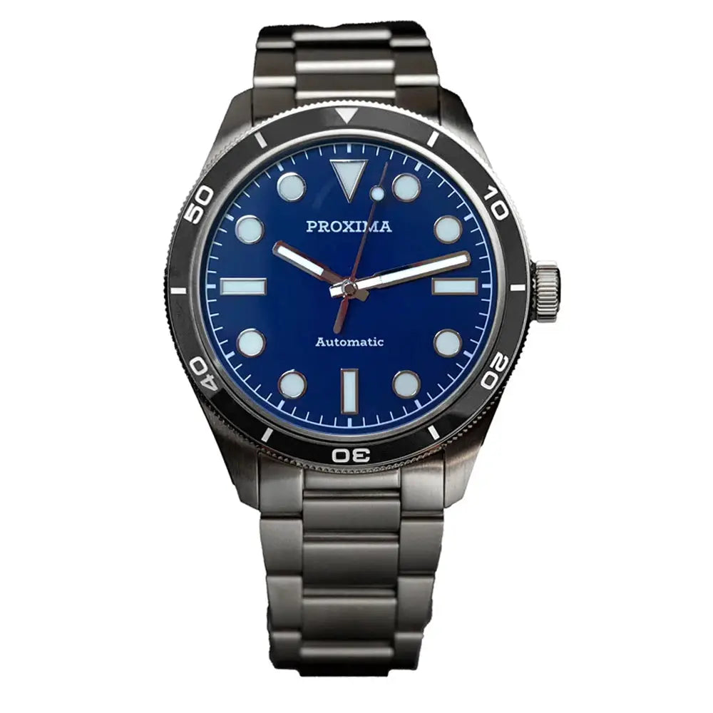 Proxima PX1697 men's watch with blue dial, stainless steel bracelet, black bezel, automatic movement