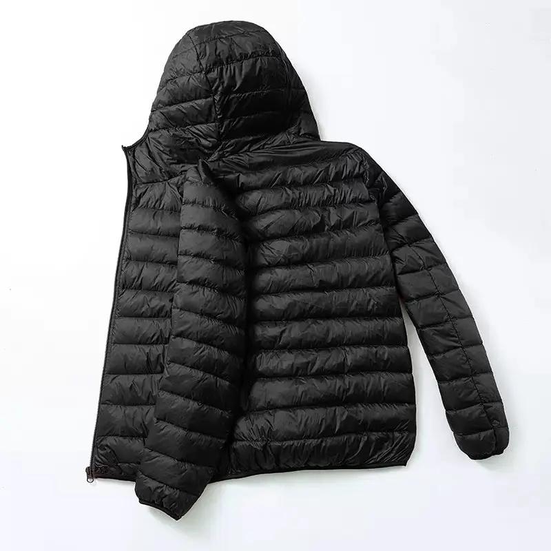 Men's black ultralight duck-down hooded jacket for streetwear.