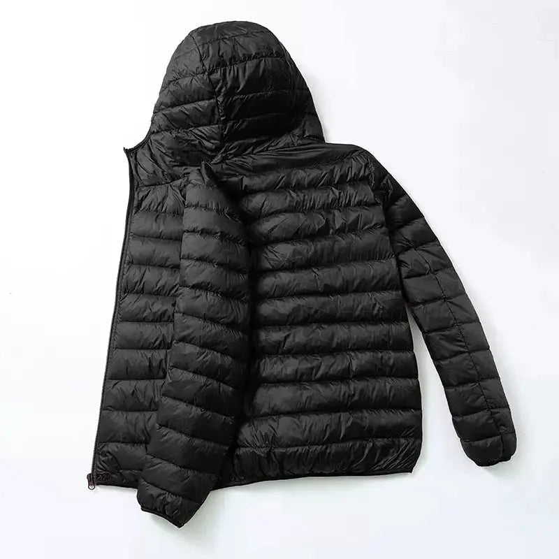 Men's black ultra-light duck-down hooded puffer jacket for autumn and winter