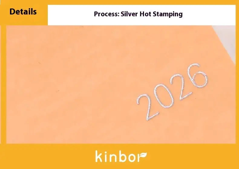 Kinbor 2026 weekly planner notebook with orange cover and silver hot-stamped 2026