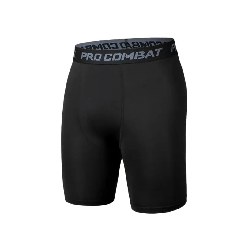 Pro Combat men's black compression shorts with branded waistband; Simples Market baselayer for workouts