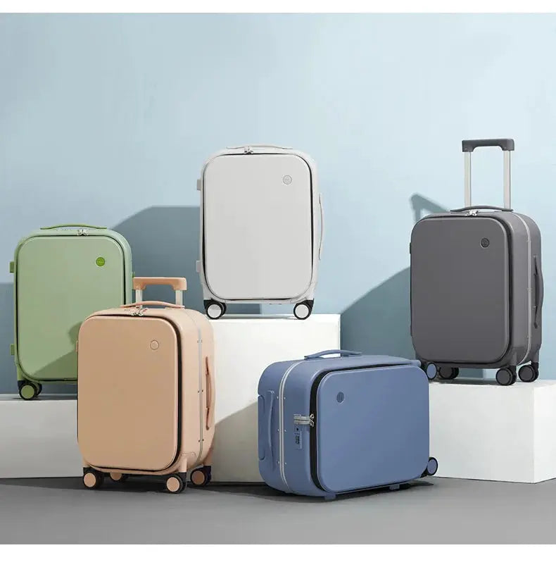 Mixi patent aluminum frame five-piece carry-on luggage set by Simples Market in green/peach/white/gray/blue, 18/20/24.