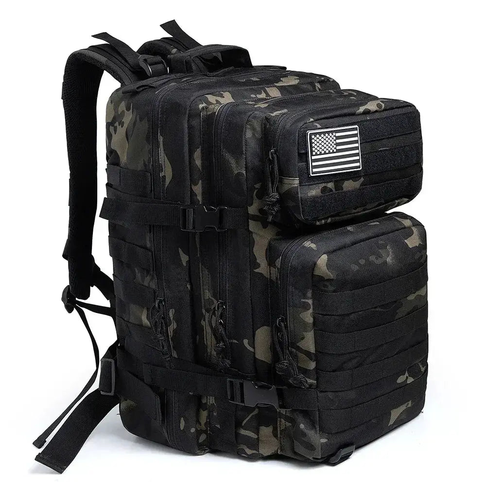 45L tactical backpack camouflage with MOLLE webbing, US flag patch, multiple zip pockets