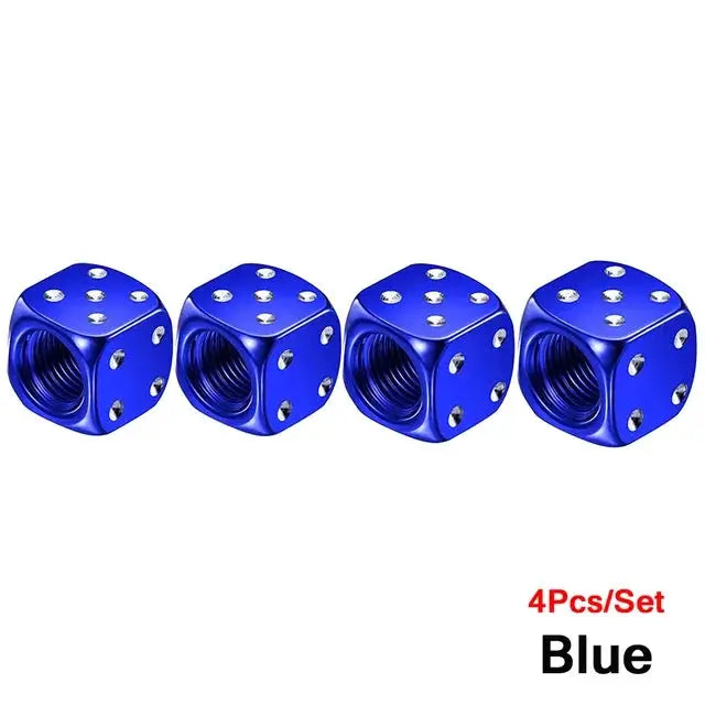 Set of 4 blue aluminum dice-style tire valve caps for cars, trucks and motorcycles