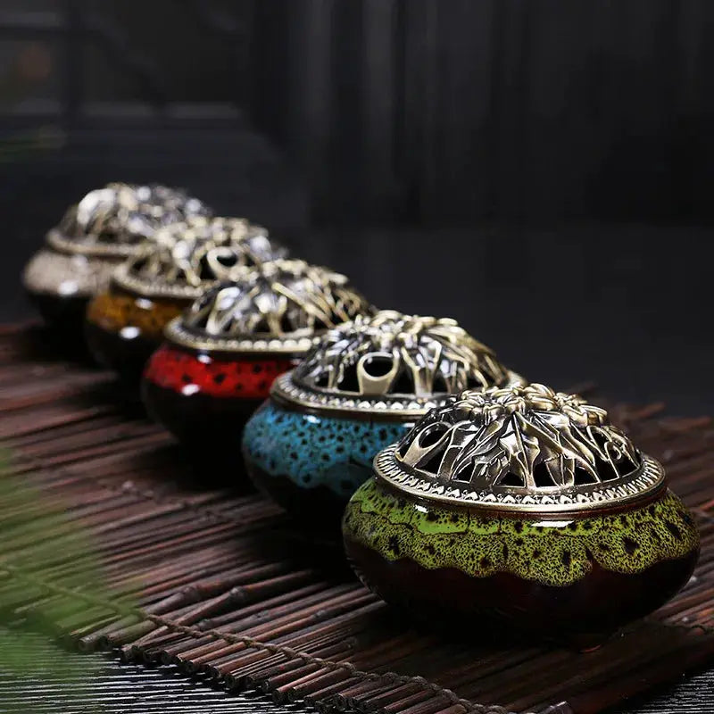 Ceramic Ice Crack Plate Incense Burner With Antique Copper Cover Aroma Diffuser Home Decor