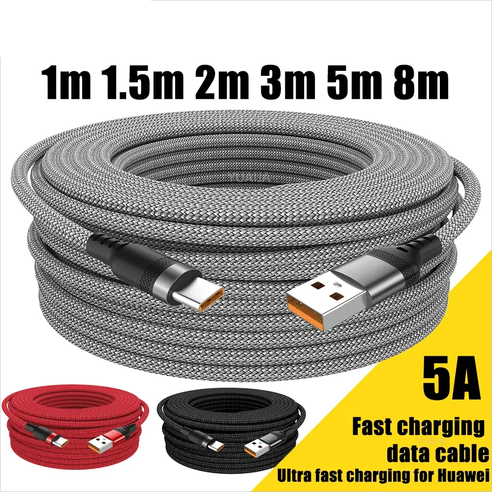 USB-C braided charging cable by Simples Market, 5A fast-charge, lengths 1m–8m in red, black and gray
