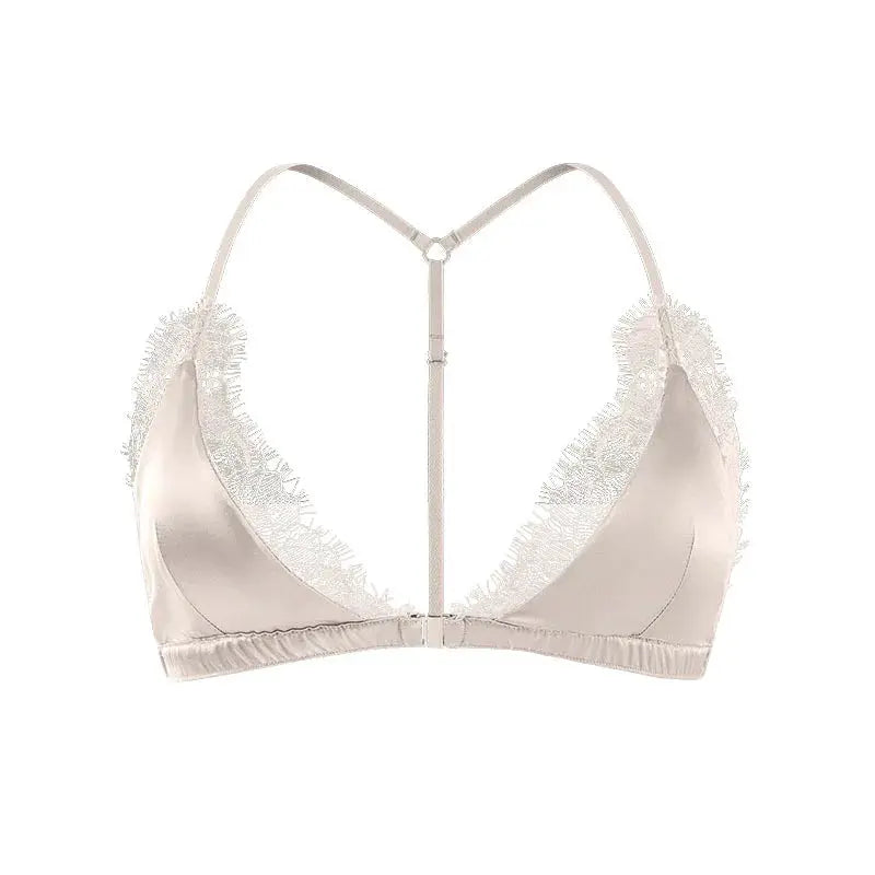 Birdtree nude lace bralette with wireless triangle cups, front closure and lace trim