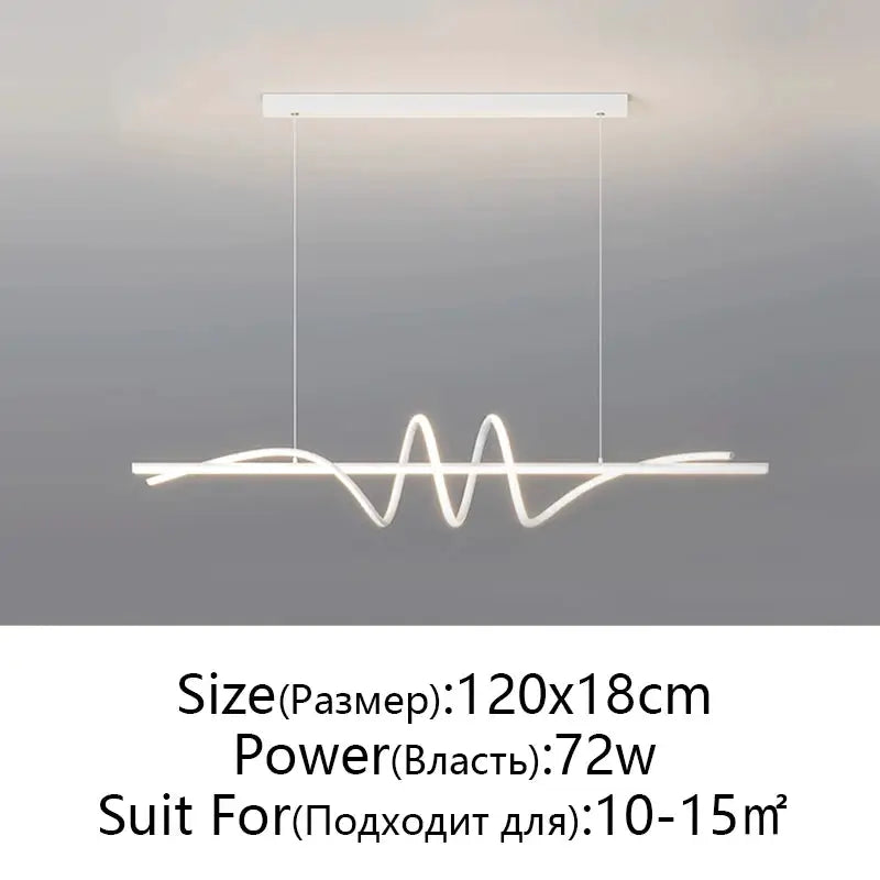 White LED pendant light with a wavy linear design, 120x18cm, 72W for living/dining spaces