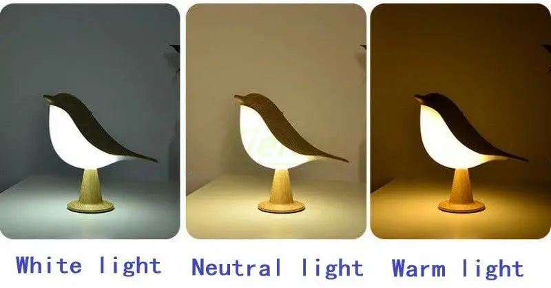Three-panel Nordic Magpie LED desk light, bird-shaped lamp on wooden base, shown in white, neutral, and warm light.