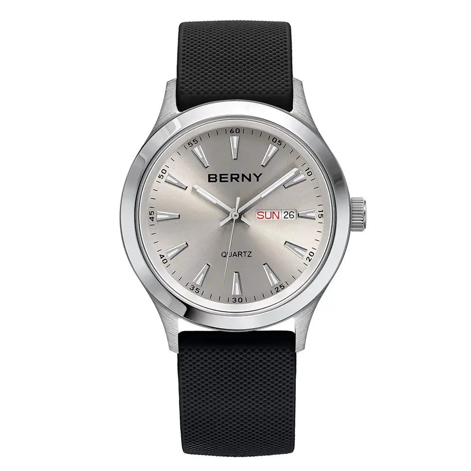 BERNY men's quartz wristwatch with stainless steel case and black soft silicone strap, date window, silver dial