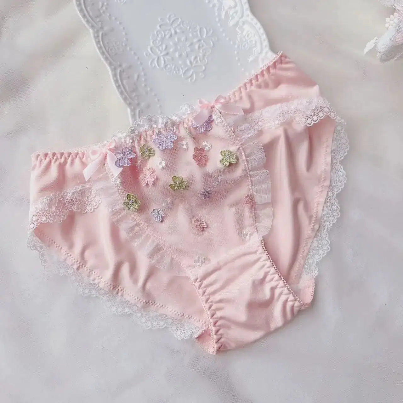 Cotton panties, pink with lace trim and floral embroidery, bow accent, Simples Market