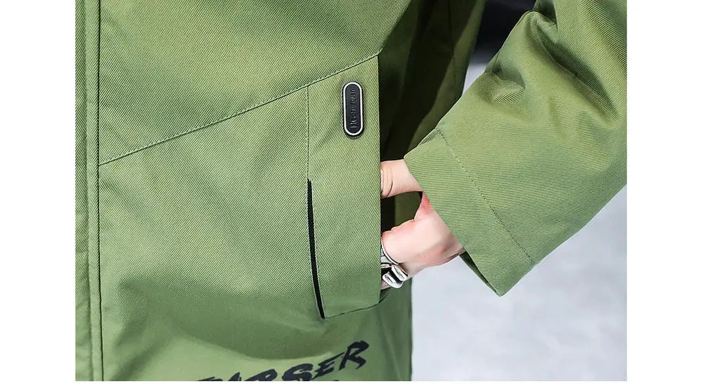 Men's green long down jacket by Simples Market with padded fabric and brand tag on pocket