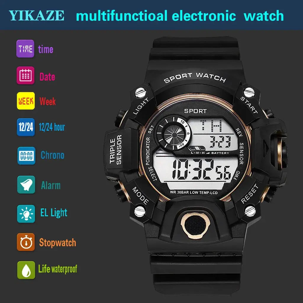 AuroraTime Mens Digital Sports Watch Large Dial Waterproof Luminous Multifunctional Alarm For Everyday Use